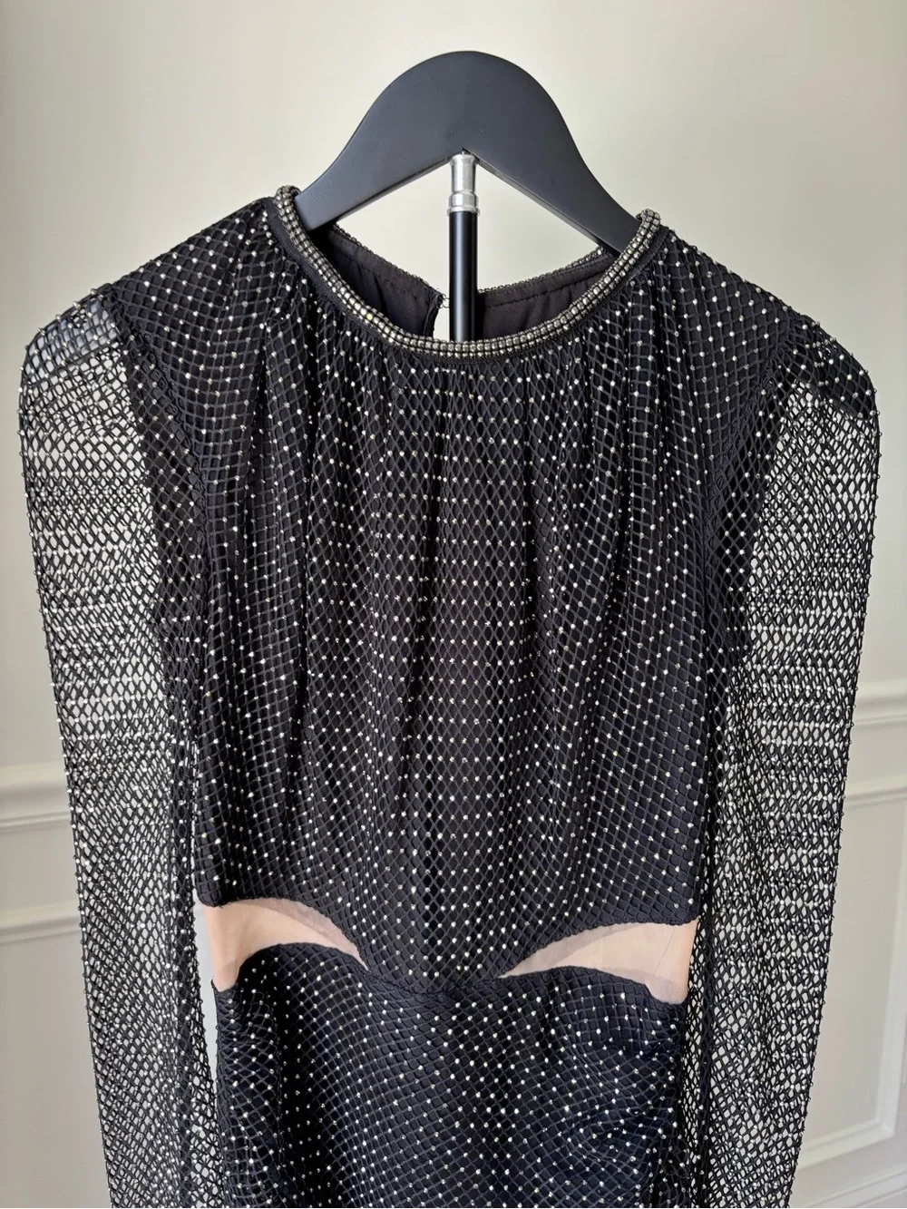 Self-Portrait Black Beaded Mesh Long Sleeve Cutout Midi Dress
